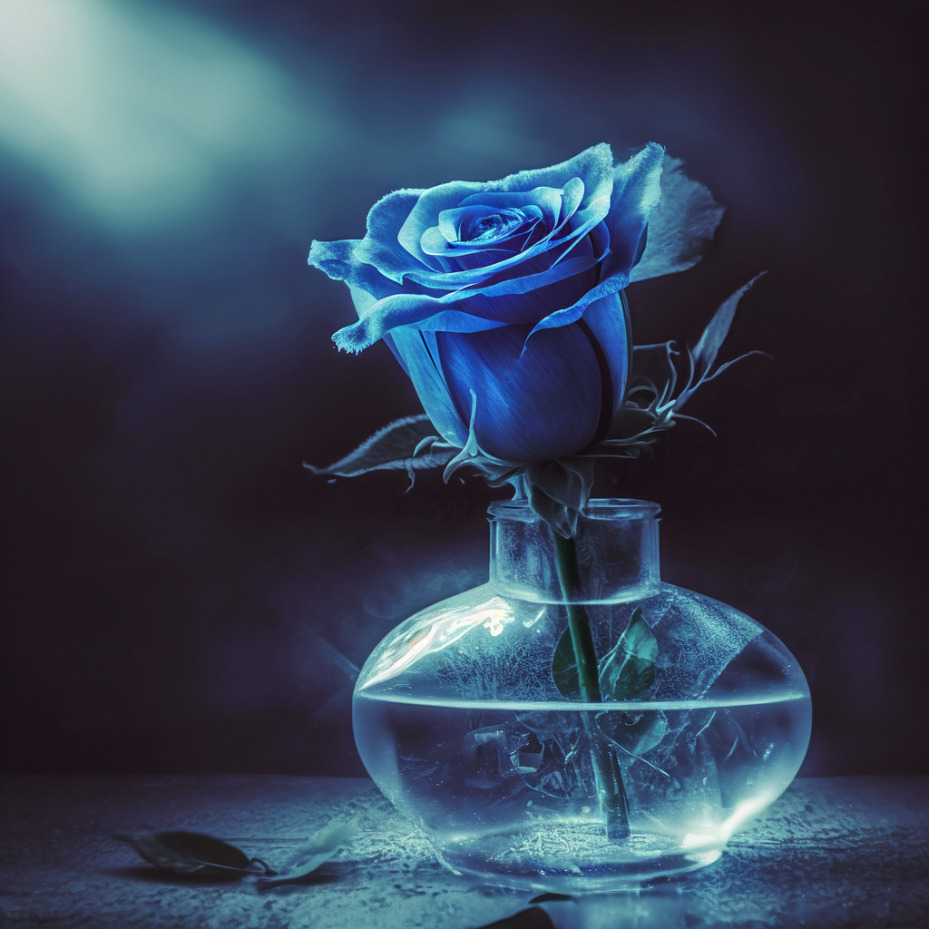 A short stem blue rose in a frost covered vase, a beam of light is hitting the rose from the upper lefthand side.