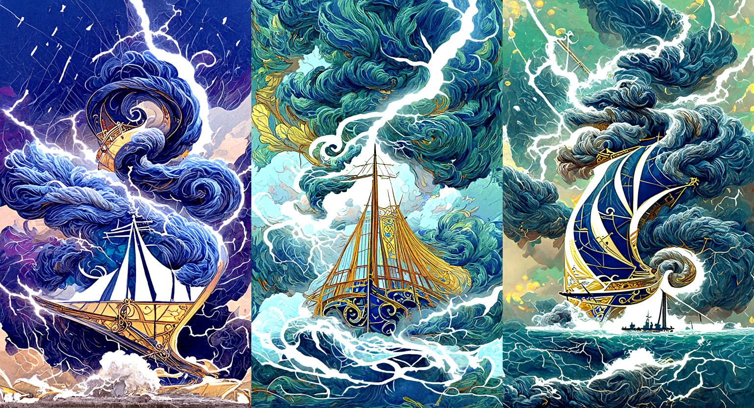 Three images in a heavily stylised tarot card/art nouveau style of golden sailing ships being struck by lightning in front of turbulent clouds and waves.