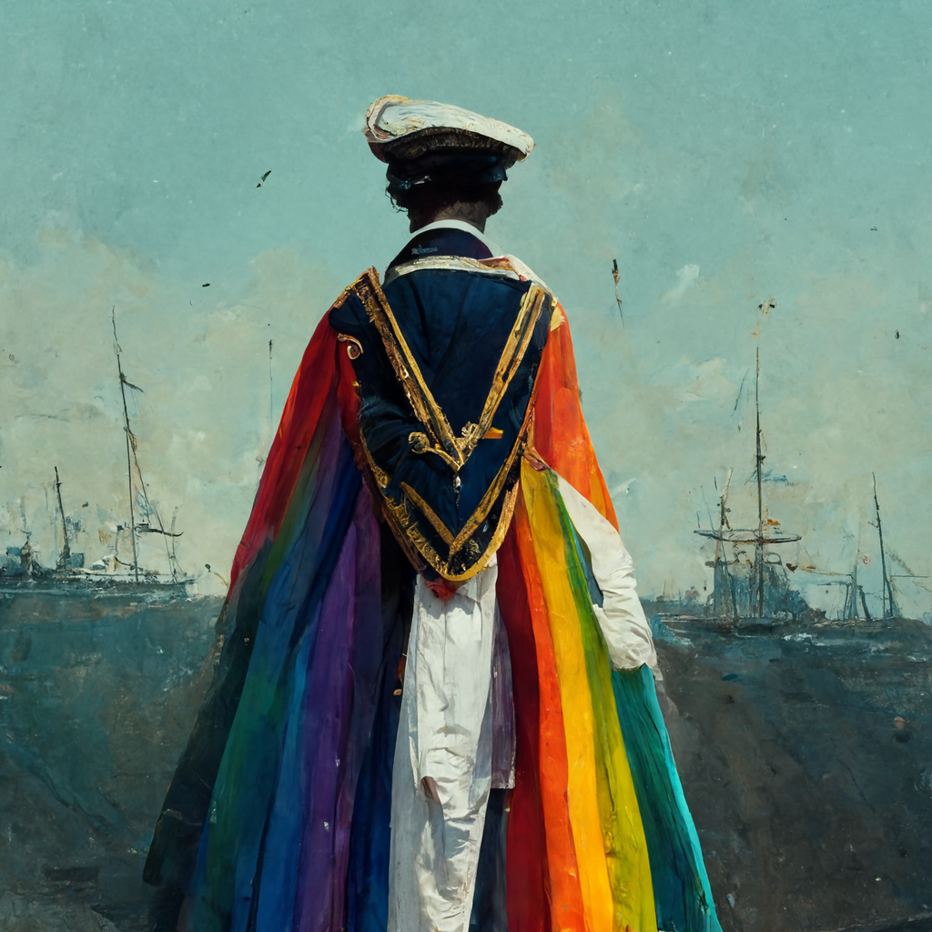 image in an oil painting style of a naval officer facing away from the viewer, wearing a naval uniform that begins with a triangular navy blue thing framed with gold lace before flowing out into a rainbow cloak.