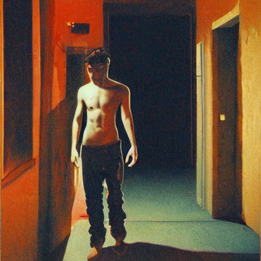 A shirtless man is walking down a somewhat abstract, malformed hallway. The side of his body is brightly lit in a way that casts his right half and his face in shadow, but there is no apparent light source. There are visible door-like structures to the left and right of him, and behind him is pitch black darkness deeper into the hallway. He is walking towards us, away from the darkness.