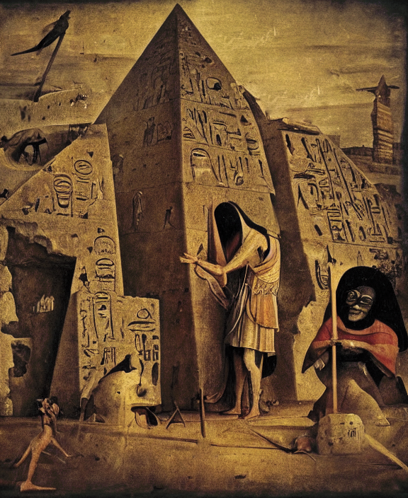 A painting of a man with a hollow face showing runes inscribed on the side of a pyramid while some creatures stand among him.
