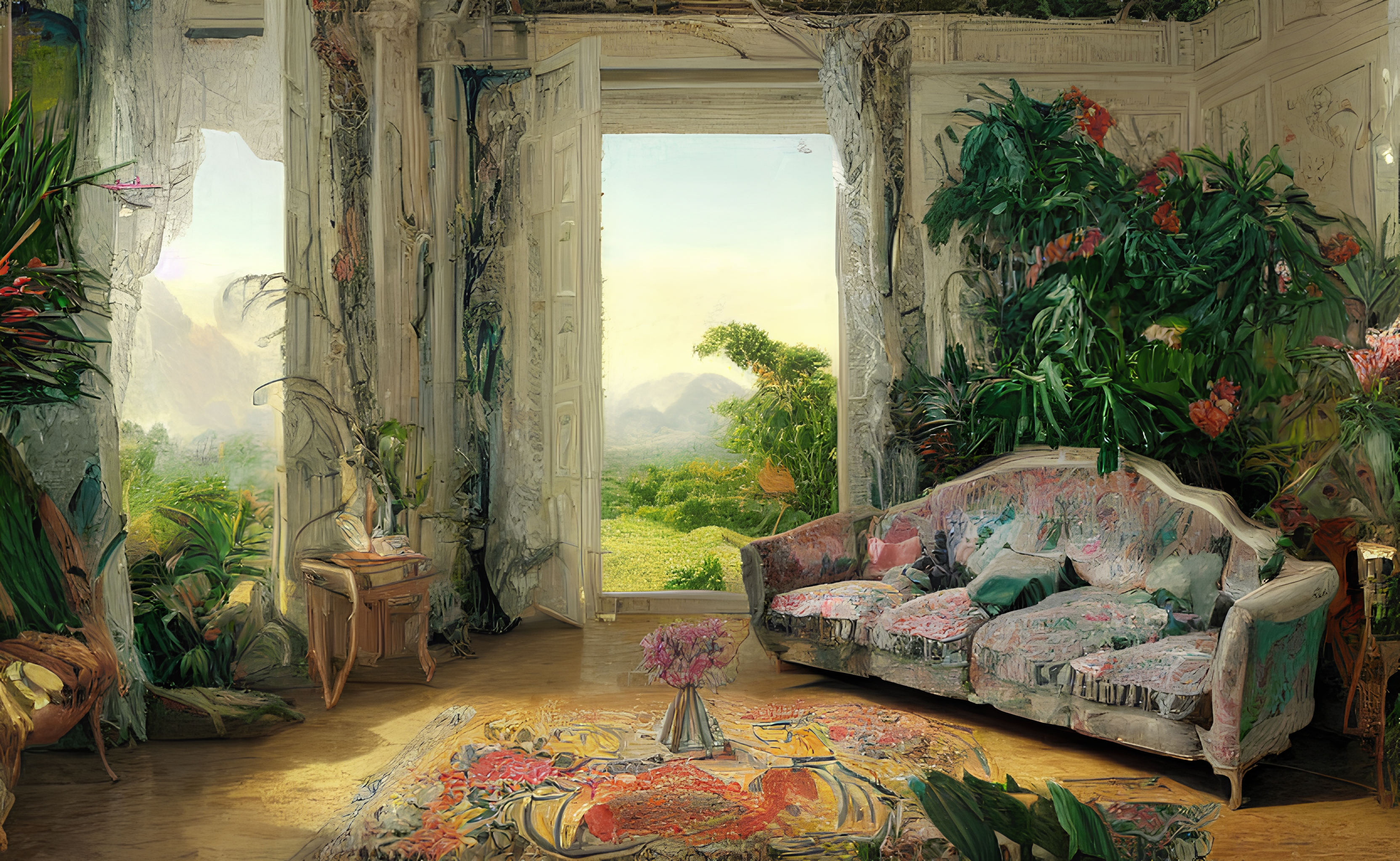 A painting of a sofa and other furniture in a living room along with lots of overgrown furniture.