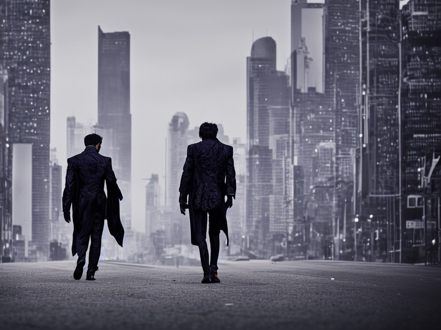 Two male figures with short cut hair wearing long black coats walking down the empty street of a futuristic city.