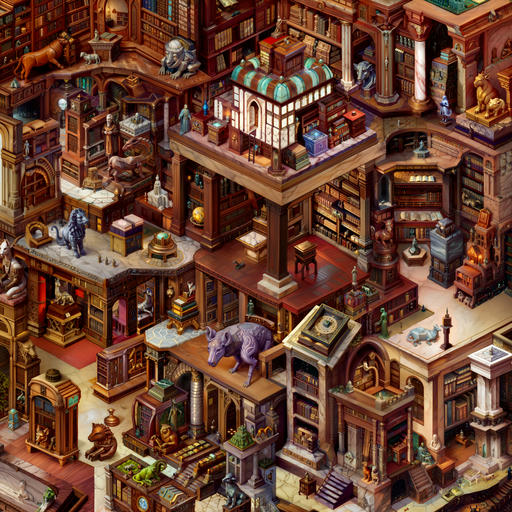 A gigantic surreal antequated library, viewed from above. It seems almost more grown than built, with structures of hardwood and marble combining in ways that show little in the way of unified architectural intent. No living creatures are present except the occasional patch of moss, but the scene is filled with numerous and diverse statues, robed figures and strange beasts carved from a wide assortment of materials and scattered about with no clear intent. The scene has an almost fractal quality, with details repeating at every possible scale.