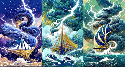 Three images in a heavily stylised tarot card/art nouveau style of golden sailing ships being struck by lightning in front of turbulent clouds and waves.