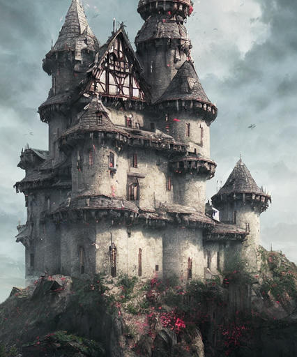 A traditional stone castle with a traditional English looking house on top, there's what seems to be rose petals dancing in the wind.