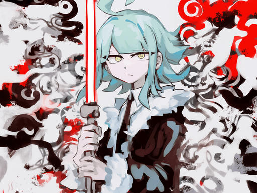 A painting of a girl in a fur-lined coat, holding a beam saber. She stares at the viewer with a neutral expression. The background is mostly white, with smoky red and black abstract patterns.