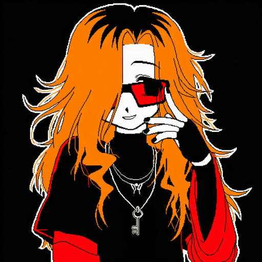 Flatcolor pixel art of the artist, who has long, messy orange hair with black roots, black glasses with red-tinted lenses, and is wearing a black t-shirt over a long-sleeved red shirt. The style is notably that of early-2000s anime, with large, dark eyes. The background is pure black, with a white outline around the figure.