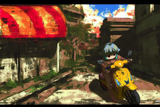 A painting of an abandoned town street, with a person on a yellow motorcycle on the road. The painting style is blocky and scratchy, with dark shadows painted over the piece.