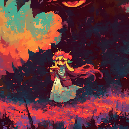 Pixel art of a girl with long yellow and pink hair that flows in the wind. She's wearing a flowing dress and stands in a field of vibrant pink and blue foliage, with a jagged mountain standing behind her. The sky behind the mountain is made up of varying shades of orange, red, and teal.