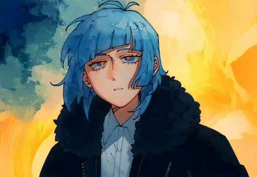 A painted piece with a watercolor background, filled with vibrant blues and yellows. A girl wearing a black fur-lined jacket stares at something in the distance with an expression of mild curiosity. Notably, her eyes are also blue and yellow.