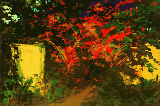 A saturated painting of red, yellow, and green leaves, with a nondescript yellow box to the left. the red foliage bursts from the center of the painting, while green foliage surrounds it. There's a small dirt path beneath the red foliage.