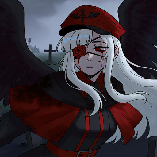 A man with long white hair moves through a graveyard, wearing a red shawl, a red hat with a winged emblem, and a black coat with red accents. He has large, black wings that take up most of the composition. A rose eyepatch covers his left eye, while the other produces bright red tears.