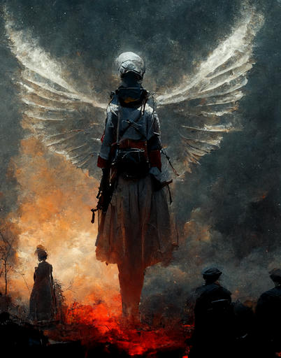 A figure with angel wings wearing a uniform and carrying guns hovering above people in 19th century clothes.