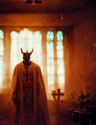 A demon-like figure in a priest's outfit in front of a church window inviting the viewer into a dark room.