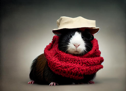 A black guinepig with a white snout wearing a red scarf and a hat made of a hemp bag.